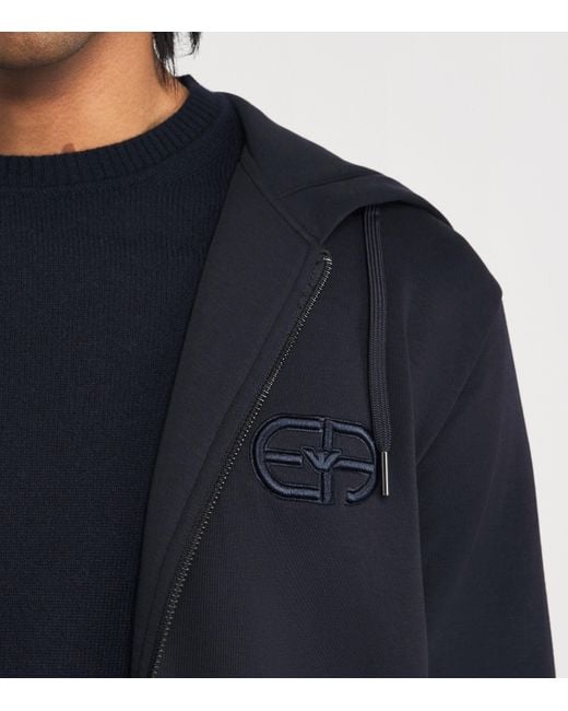Emporio Armani Blue Double-Jersey Zip-Up Hoodie for men