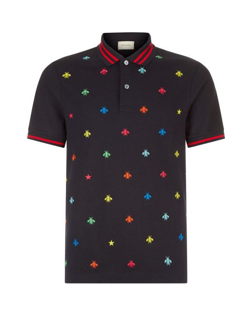 Gucci Blue Insect Embroidered Polo Shirt for men