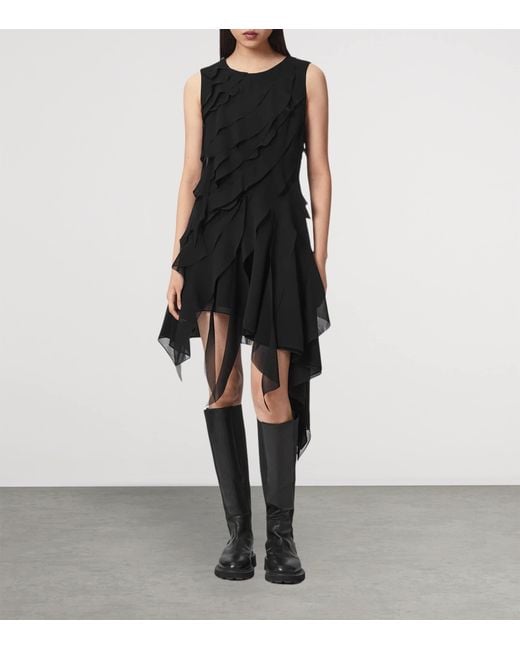 AllSaints Black Ruffled Asymmetric Angie Midi Dress