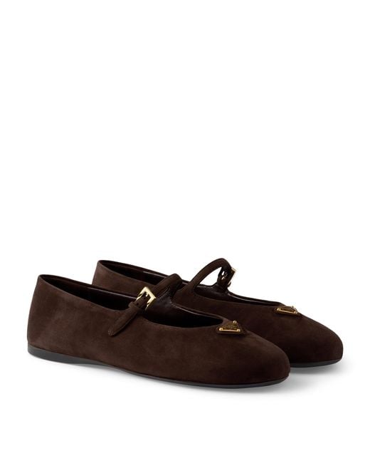 Prada Brown Suede Logo Ballet Flats