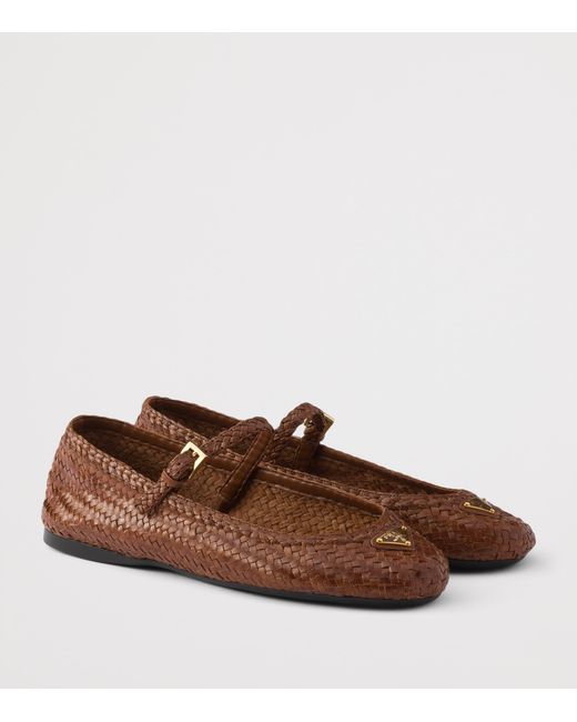 Prada Brown Woven Leather Ballet Flats