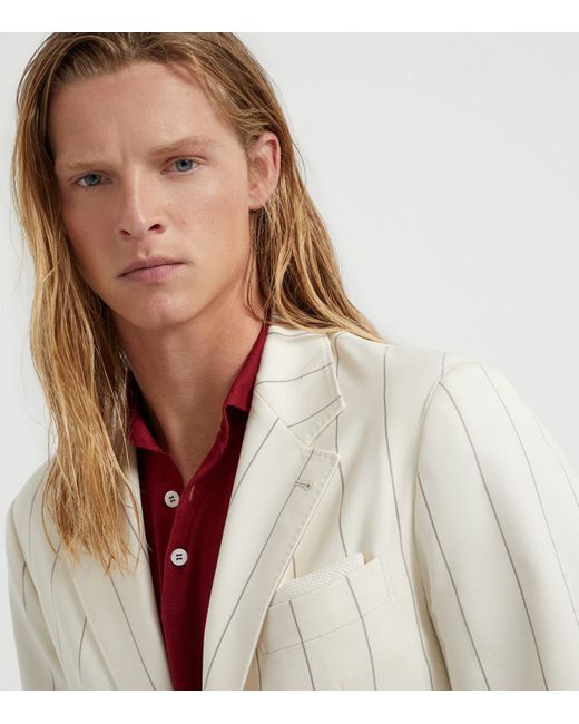 Brunello Cucinelli White Wool-Sea Island Cotton Stripe Blazer for men