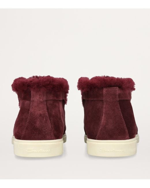 Santoni Red Suede Fur-Trim Fortune Ankle Boots