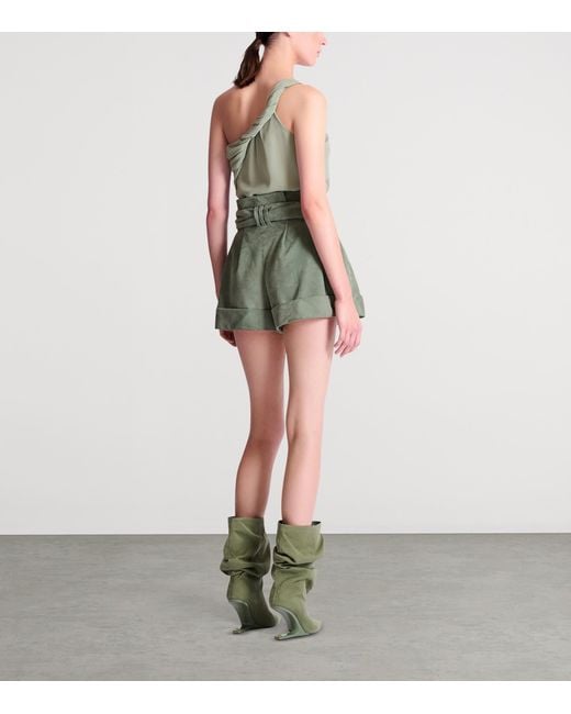 Balmain Green Pleated Belted Shorts
