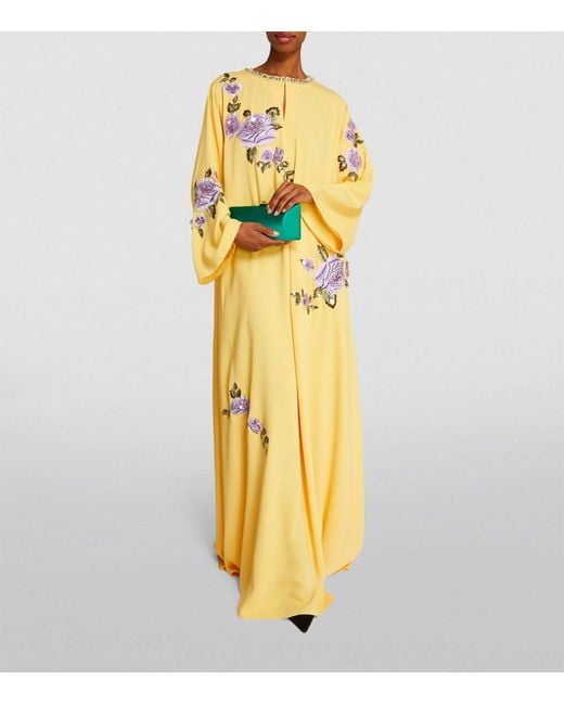 Carolina Herrera Yellow Embellished Floral Kaftan Gown
