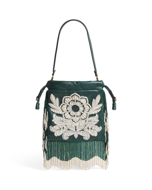Etro Green Leather Fringed Embellished Shoulder Bag
