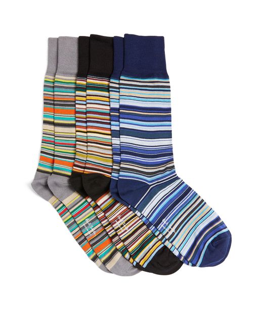 Paul Smith Blue Cotton-blend Multicolour Stripes Socks (pack Of 3) for men