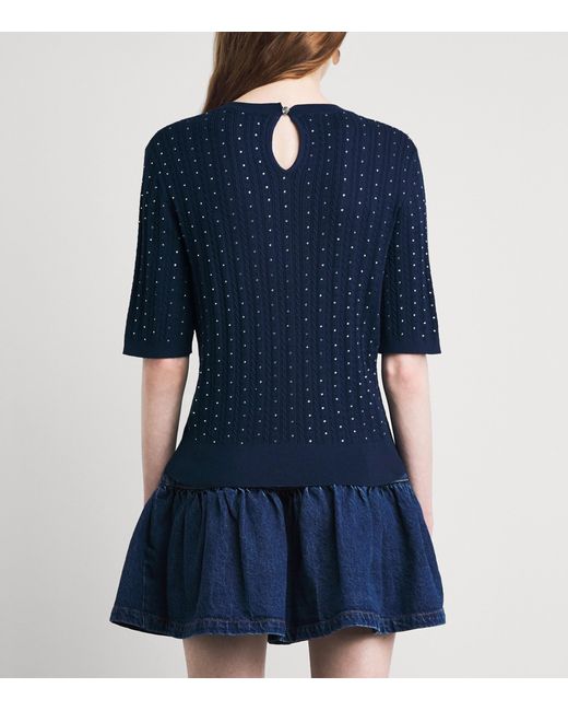 Maje Blue Cotton-Blend Rhinestone Sweater