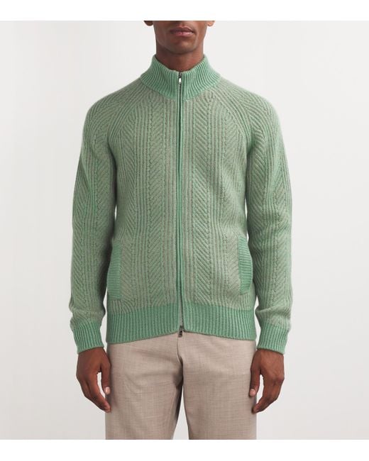 FIORONI CASHMERE Green Cashmere Herringbone-Knit Cardigan for men