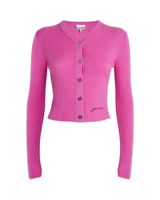 Ganni Pink Merino Wool Monogram-button Cardigan