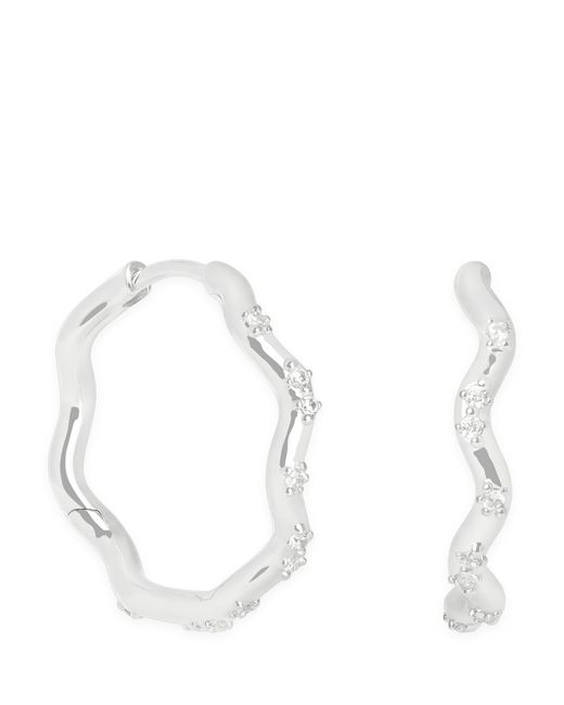 Astrid & Miyu White Rhodium-Plated And Cubic Zirconia Ripple Hoop Earrings