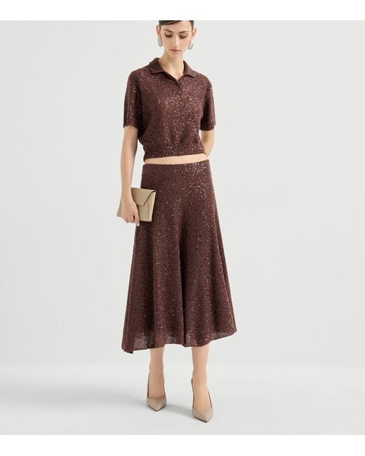 Brunello Cucinelli Brown Sequin Collared Top