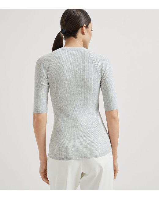 Brunello Cucinelli Gray Cashmere Sparkling Short-Sleeve Sweater