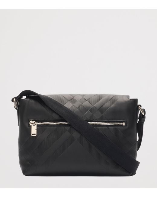 Burberry Black Small Leather Check-Embossed Messenger Bag​ for men