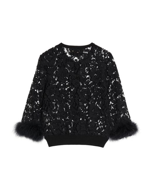 Valentino Black Lace Feather-Trim Cardigan