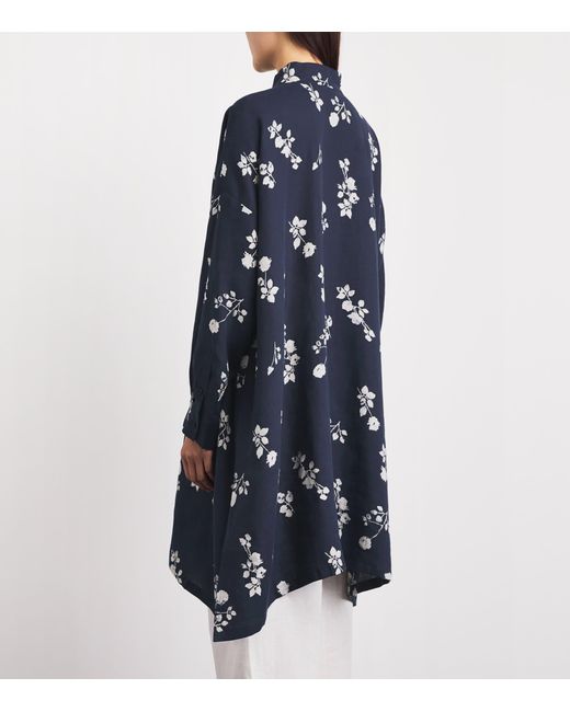Eskandar Blue Linen Floral Midi Shirt Dress
