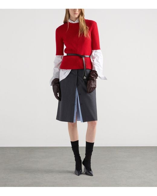 Prada Red Wool Ribbed Short-Sleeve Sweater