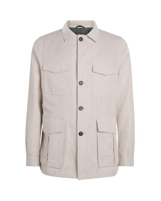 N.Peal Cashmere White Linen-Cotton Herringbone Safari Jacket for men