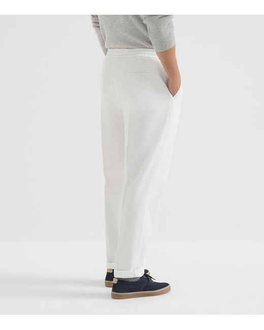 Brunello Cucinelli White Cotton Gabardine Drawstring Trousers for men