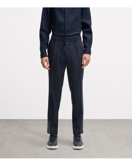 Boss Blue Linen-Blend Drawstring-Waist Tailored Trousers for men