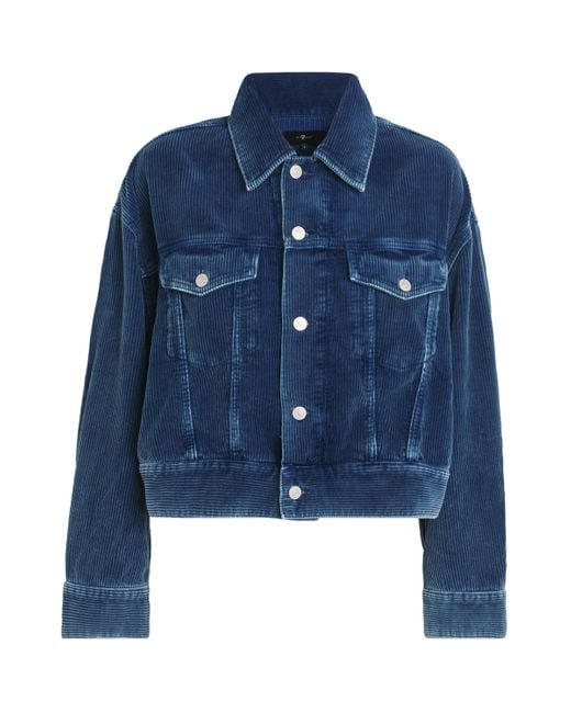 7 For All Mankind Blue Corduroy Oli Cropped Trucker Jacket