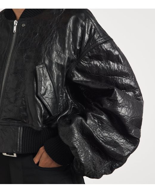 Rick Owens Black Crinkled Leather Bomber Jacket