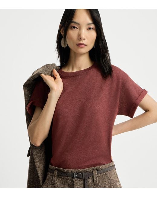 Brunello Cucinelli Red Cashmere-Silk-Blend Sparkling T-Shirt