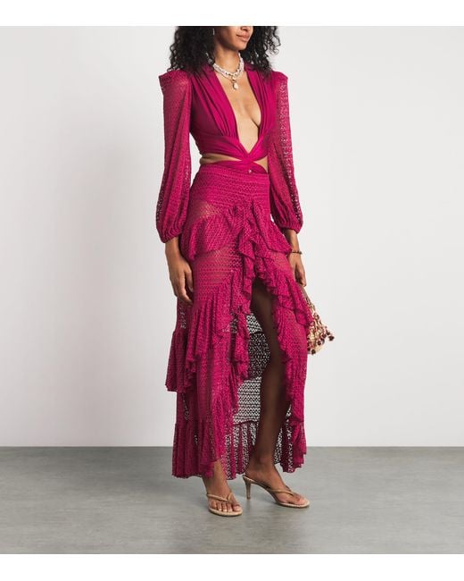 PATBO Pink Crochet Ruffle Maxi Skirt