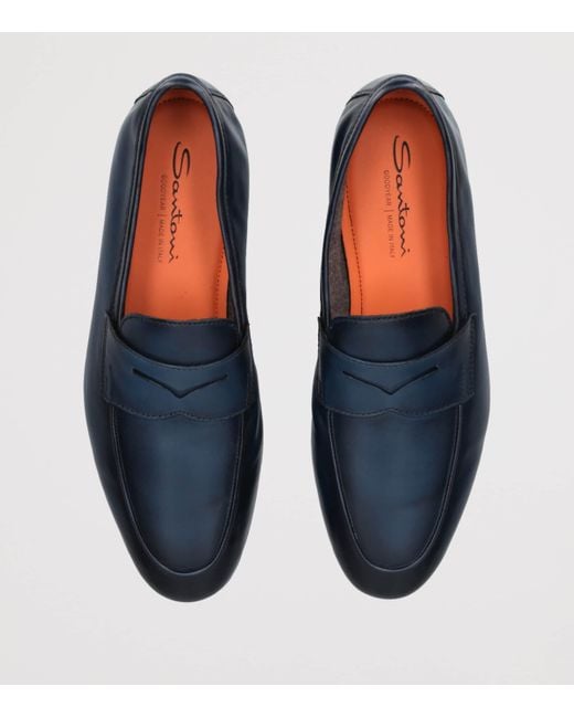 Santoni Blue Leather Cashmere-Lined Carlos Loafers for men