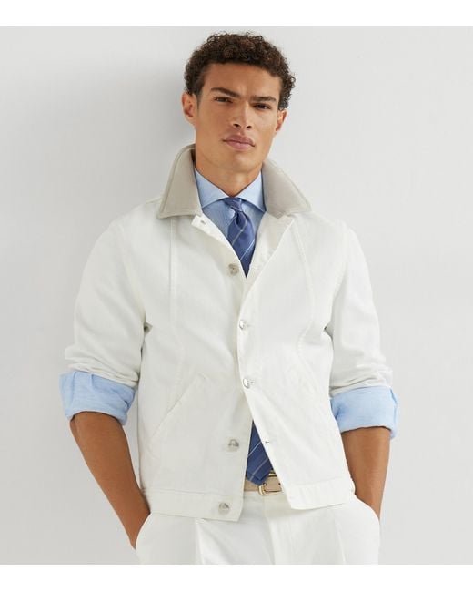 Brunello Cucinelli White Denim Leather-Collar Jacket for men