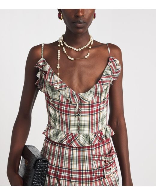 Alessandra Rich Purple Silk Check Ruffled Midi Dress