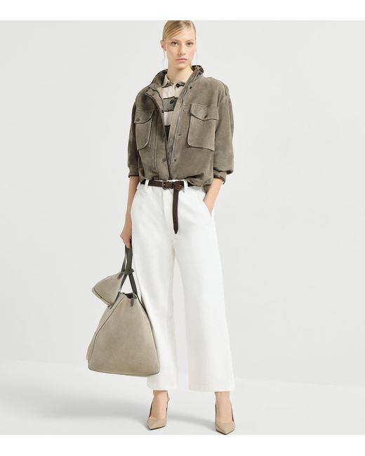 Brunello Cucinelli White Stripe Cropped Polo Sweater