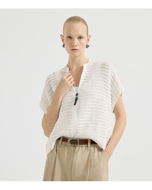 Brunello Cucinelli White Linen-Blend Cardigan Vest