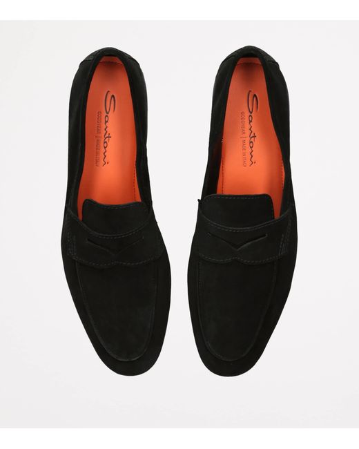 Santoni Black Suede Carlos Penny Loafers