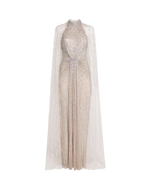 Jenny Packham White Crystal-Embellished Cairo Cape Gown