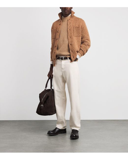 FIORONI CASHMERE Brown Cashmere-Silk Mock-Neck Cardigan for men