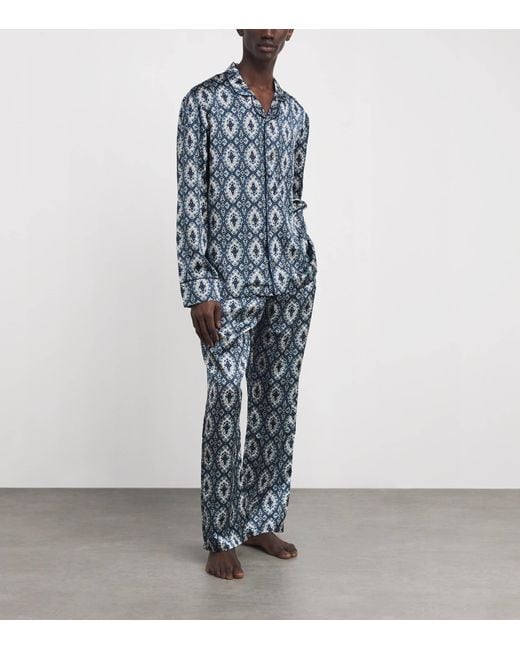 Harrods Blue Silk Geometric Tile Print Pyjama Set for men