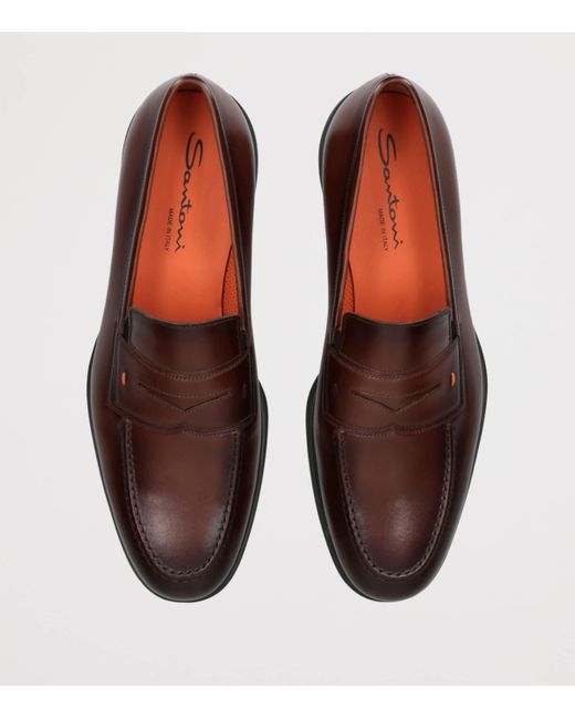 Santoni Brown Leather Easy Penny Loafers for men