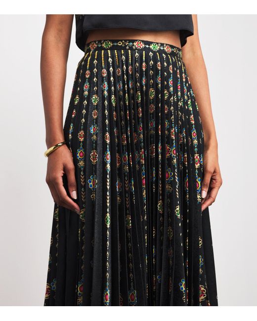 Saloni Black Satin Pendant Stripe Print Pleated Midi Skirt