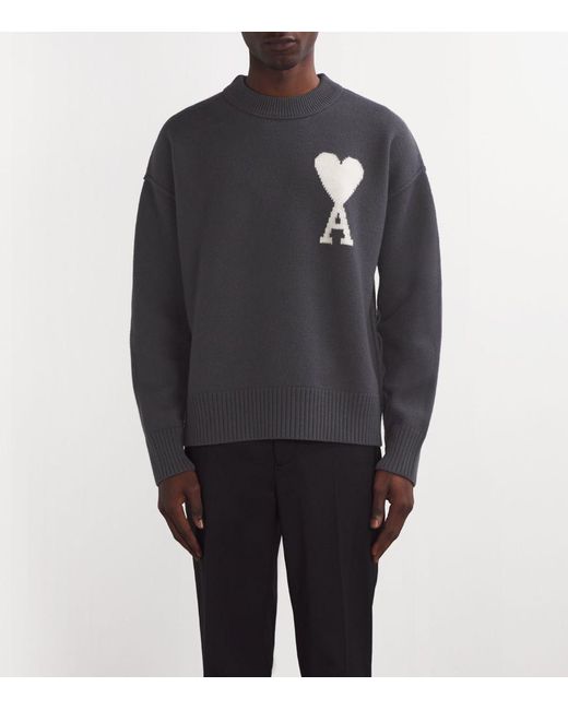 AMI Blue Virgin Wool Logo Sweater for men