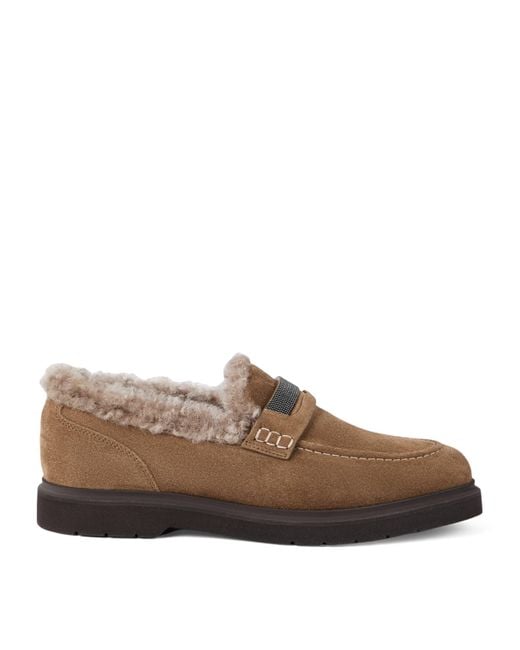 Brunello Cucinelli Brown Suede Shearling-Lined Penny Loafers