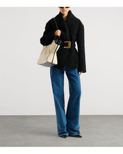 Balmain Black Virgin Wool Belted Pea Coat