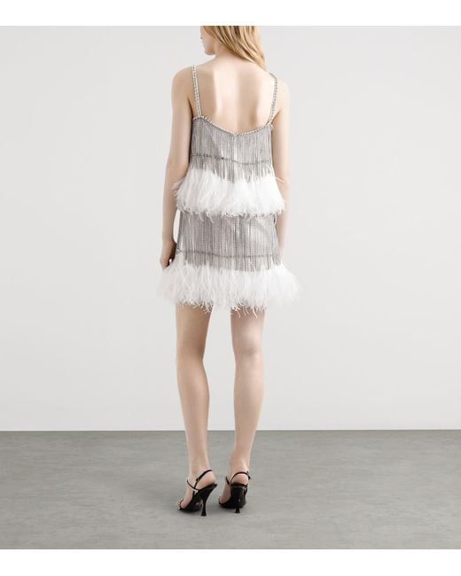 Dolce & Gabbana White Silk-Blend Rhinestone Feather Mini Dress