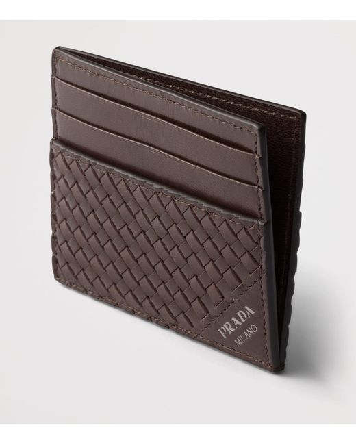Prada Brown Leather Woven Card Holder for men