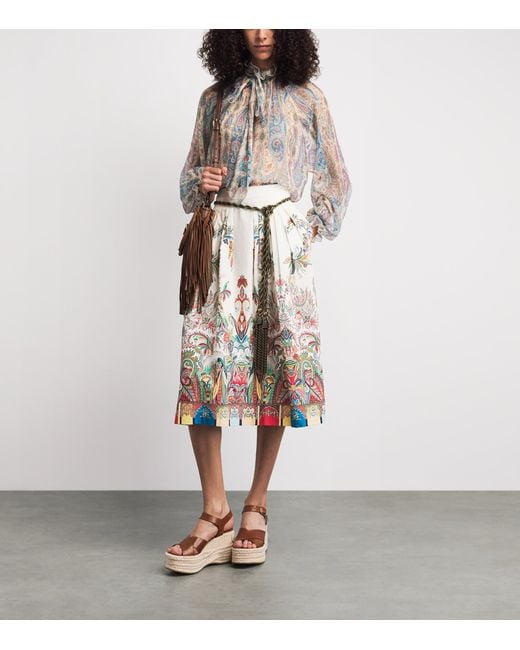 Etro White Cotton Paisley Pleated Midi Skirt