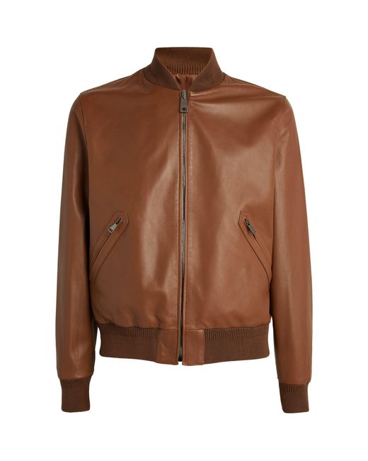 Canali Brown Leather Reversible Bomber Jacket for men