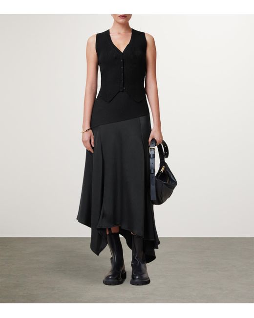 AllSaints Black Satin Pia Midi Skirt