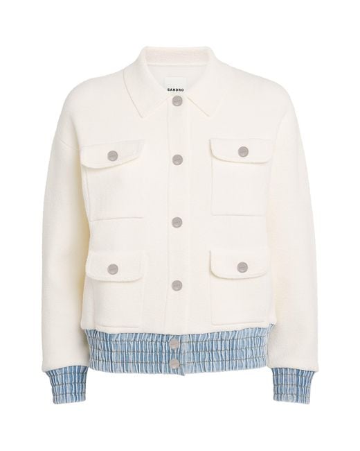 Sandro White Bouclé Denim-Trim Cardigan