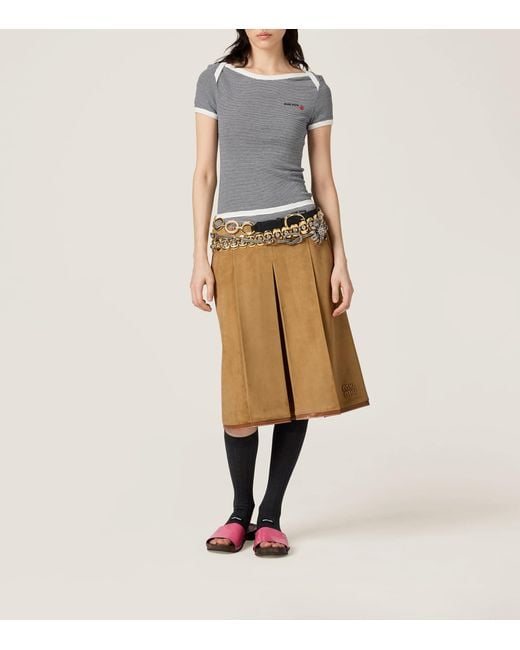 Miu Miu Natural Suede Pleated Midi Skirt