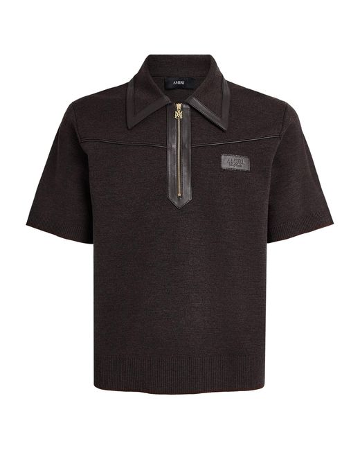 Amiri Black Wool Leather-Trim Zip Polo Shirt for men